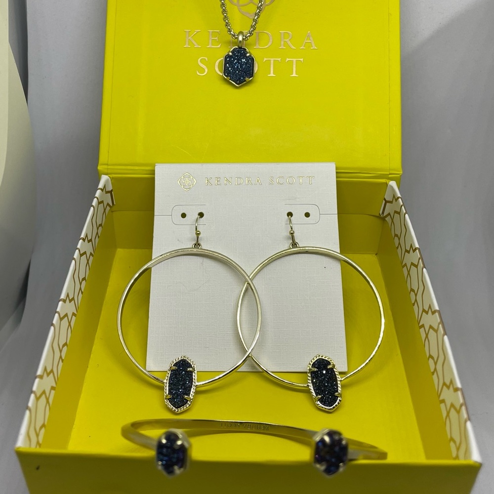 Elote Earrings, Teo Adjustable Pendant, and Emilie Cuff Bracelet with Blue Druzy